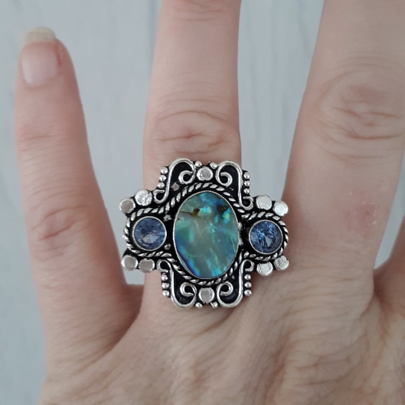 New Amazing Abalone Shell and Blue Quartz 925 Silver Ring. - Picture 7 of 8